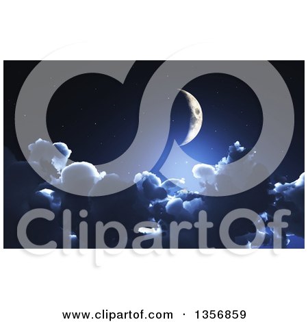 Clipart of a 3d Crescent Moon Above the Clouds at Night - Royalty Free Illustration by KJ Pargeter