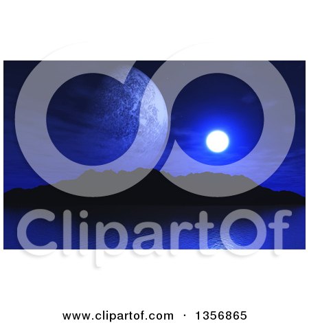 Clipart of a 3d Moon and Fictional Planet over a Lake and Mountains - Royalty Free Illustration by KJ Pargeter
