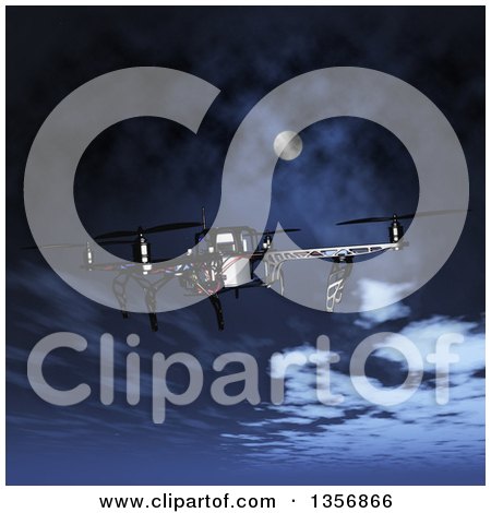 Clipart of a 3d Metal Quadcopter Drone Flying over a Night Sky - Royalty Free Illustration by KJ Pargeter
