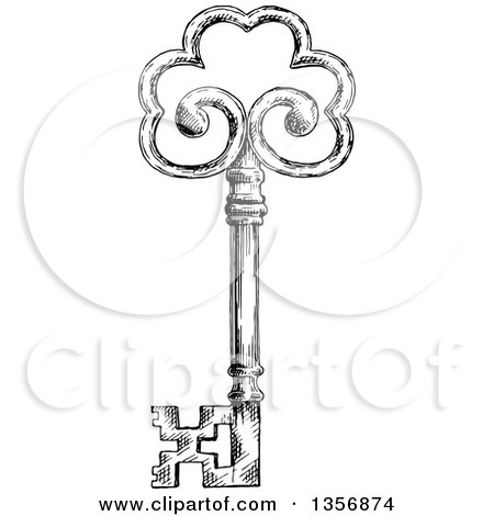 Clipart of a Black and White Sketched Skeleton Key - Royalty Free Vector Illustration by Vector Tradition SM
