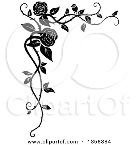 Clipart of a Black and White Corner Floral Rose Vine Border Design Element - Royalty Free Vector Illustration by Vector Tradition SM