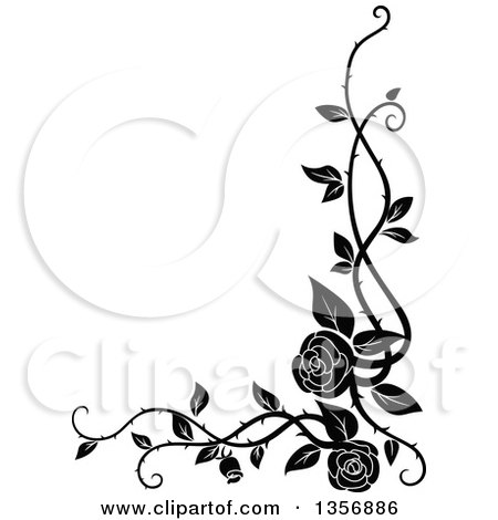 Clipart of a Black and White Corner Floral Rose Vine Border Design Element - Royalty Free Vector Illustration by Vector Tradition SM