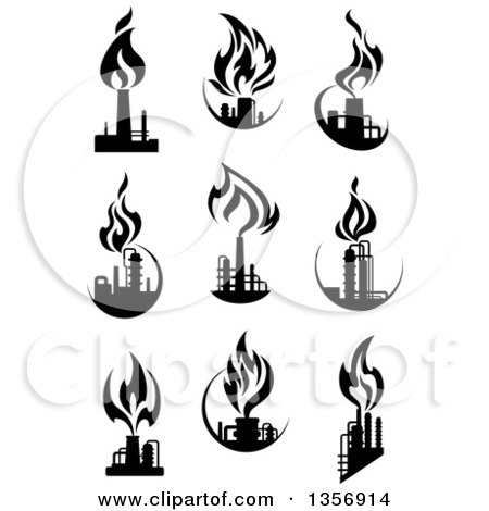 Clipart of Black and White Silhouetted Natural Gas and Flame Factory Designs - Royalty Free Vector Illustration by Vector Tradition SM