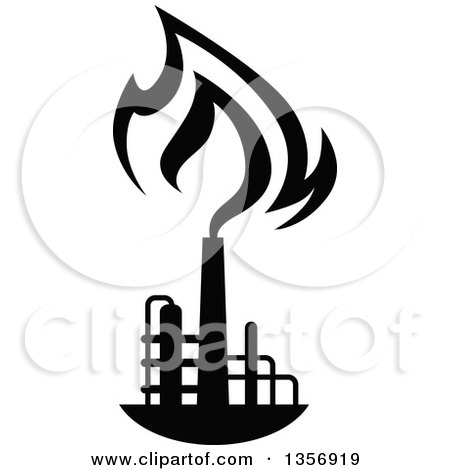 Clipart of Black and White Silhouetted Natural Gas and Flame Factory - Royalty Free Vector Illustration by Vector Tradition SM