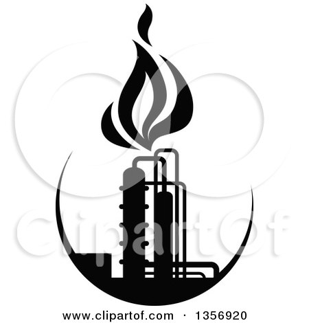 Clipart of Black and White Silhouetted Natural Gas and Flame Factory - Royalty Free Vector Illustration by Vector Tradition SM
