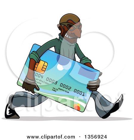 Clipart of a Black Male Hacker Identity Thief Carrying a Credit Card - Royalty Free Vector Illustration by Vector Tradition SM