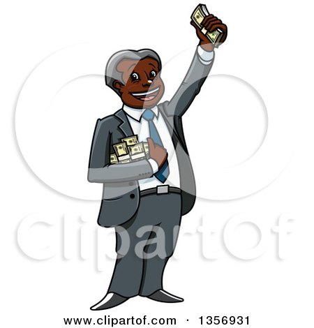 Clipart of a Cartoon Rich Black Businessman Holding up a Cash Bundle - Royalty Free Vector Illustration by Vector Tradition SM