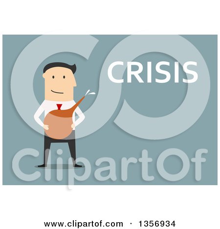 Clipart of a Flat Design White Businessman Holding an Enema Next to Crisis Text on Blue - Royalty Free Vector Illustration by Vector Tradition SM