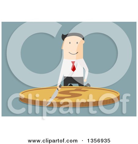 Clipart of a Flat Design White Businessman Cutting a Giant Gold Dollar Coin with a Knife, on Blue - Royalty Free Vector Illustration by Vector Tradition SM