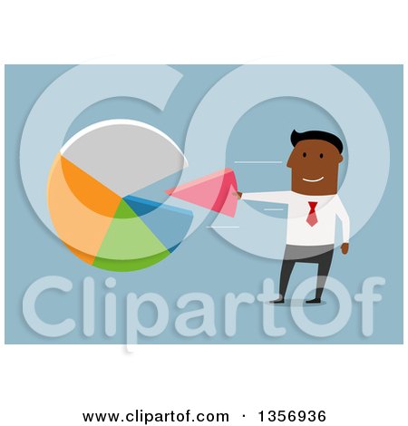 Clipart of a Flat Design Black Businesman Taking or Inserting a Piece to a Pie Chart, on Blue - Royalty Free Vector Illustration by Vector Tradition SM