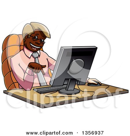 Clipart of a Cartoon Bespectacled Black Business Man Pointing down at His Computer on a Desk - Royalty Free Vector Illustration by Vector Tradition SM