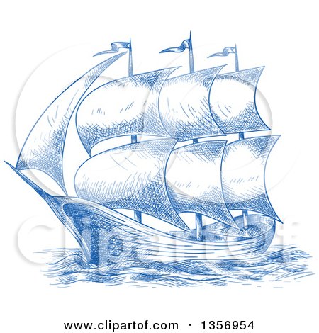 Clipart of a Sketched Blue Sailing Tall Ship - Royalty Free Vector Illustration by Vector Tradition SM