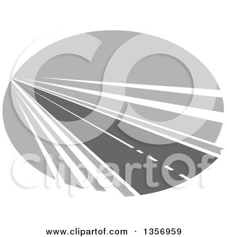 Clipart of a Grayscale Two Lane Straightaway Highway Road in an Oval - Royalty Free Vector Illustration by Vector Tradition SM
