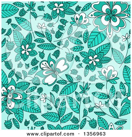 Clipart of a Seamless Background Pattern of Wild Raspberries and Leaves in Blue - Royalty Free Vector Illustration by Vector Tradition SM