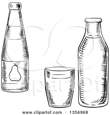 Clipart of a Black and White Sketched Pear Juice Bottle, Glass and Milk Bottle - Royalty Free Vector Illustration by Vector Tradition SM