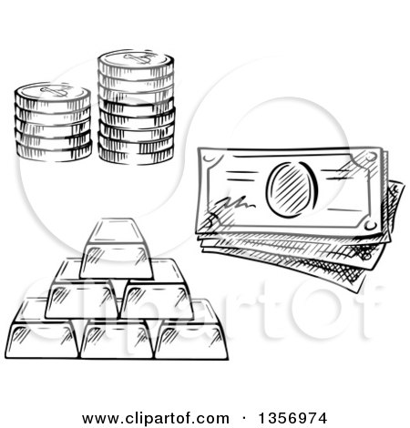 Clipart of a Black and White Sketched Stack of Coins, Cash Money and Gold Bars - Royalty Free Vector Illustration by Vector Tradition SM