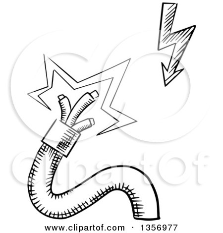Clipart of a Black and White Sketched Broken Electrical Power Cable with Sparking Wires and Lightning Bolt - Royalty Free Vector Illustration by Vector Tradition SM