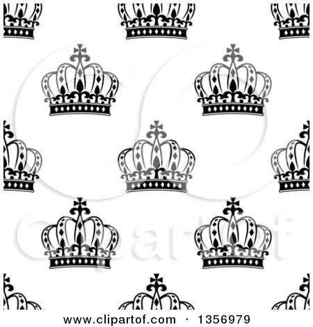 Clipart of a Seamless Background Pattern of Black and White Ornate Crowns - Royalty Free Vector Illustration by Vector Tradition SM