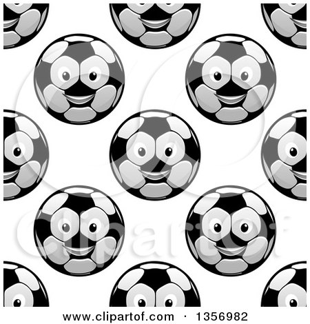 Clipart of a Seamless Background Pattern of Grayscale Happy Soccer Ball Characters - Royalty Free Vector Illustration by Vector Tradition SM