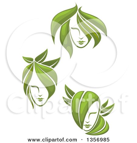 Clipart of Female Faces with Green Leaf Hair - Royalty Free Vector Illustration by Vector Tradition SM