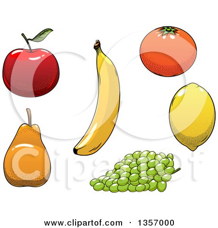 Clipart of Cartoon Apple, Banana, Orange, Lemon, Green Grapes and Pear Fruits - Royalty Free Vector Illustration by Vector Tradition SM