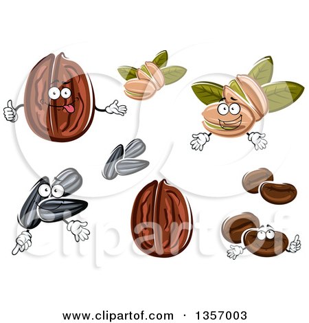 Clipart of Cartoon Walnuts, Pistachios, Coffee Beans and Black Sunflower Seeds - Royalty Free Vector Illustration by Vector Tradition SM