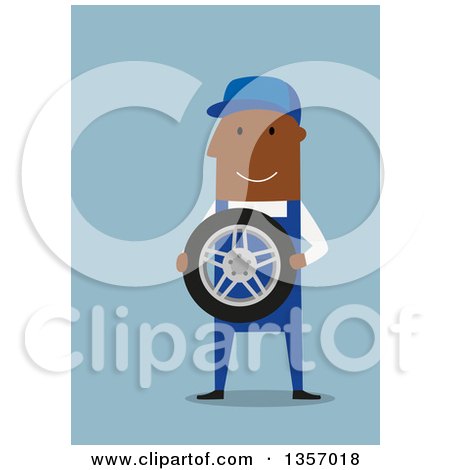 Clipart of a Flat Design Happy Black Mechanic Holding a Tire, on Blue - Royalty Free Vector Illustration by Vector Tradition SM
