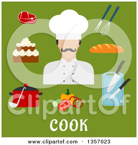Clipart of a Flat Design Male Chef Avatar and Cooking and Food Icons over Text on Green - Royalty Free Vector Illustration by Vector Tradition SM