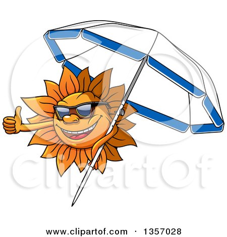 Clipart of a Cartoon Sun Character Wearing Shades, Giving a Thumb up and Holding a Parasol - Royalty Free Vector Illustration by Vector Tradition SM