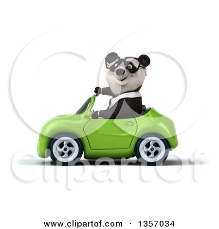 Clipart of a 3d Bespectacled Business Panda Giving a Thumb down and Driving a Green Convertible Car, on a White Background - Royalty Free Illustration by Julos