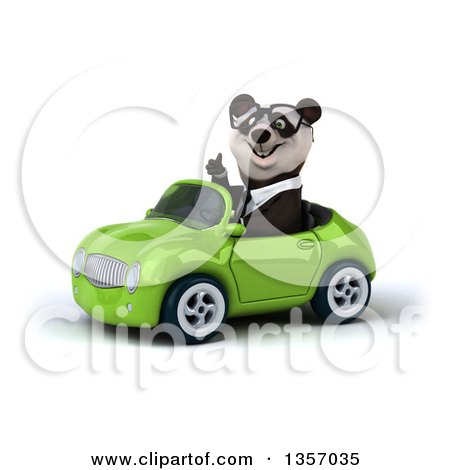 Clipart of a 3d Bespectacled Business Panda Giving a Thumb up and Driving a Green Convertible Car, on a White Background - Royalty Free Illustration by Julos