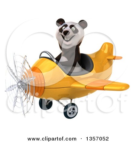 Clipart of a 3d Panda Aviator Pilot Flying a Yellow Airplane, on a White Background - Royalty Free Illustration by Julos
