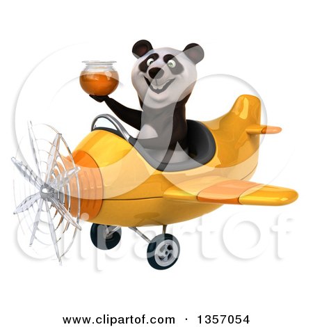 Clipart of a 3d Panda Aviator Pilot Holding a Honey Jar and Flying a Yellow Airplane, on a White Background - Royalty Free Illustration by Julos