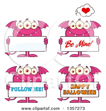 Clipart of Cartoon Pink Monsters Holding Signs - Royalty Free Vector Illustration by Hit Toon