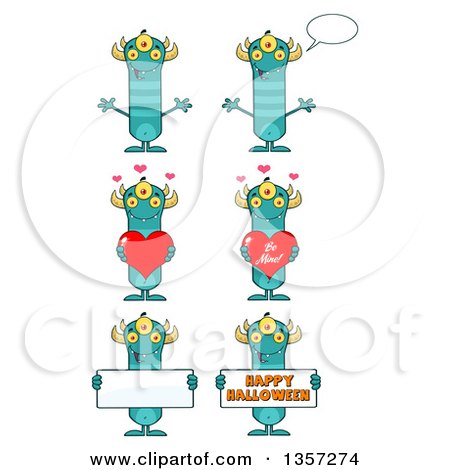 Clipart of Cartoon Turquoise Monsters Holding Hearts and Signs - Royalty Free Vector Illustration by Hit Toon