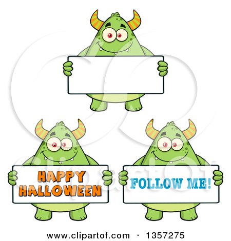 Clipart of Cartoon Green Monsters Holding Signs - Royalty Free Vector Illustration by Hit Toon