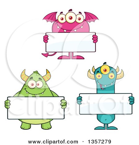 Clipart of Cartoon Monsters Holding Blank Signs - Royalty Free Vector Illustration by Hit Toon