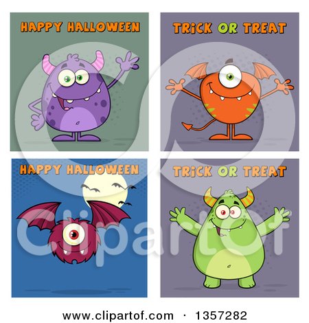 Clipart of Cartoon Monsters with Halloween Greetings - Royalty Free Vector Illustration by Hit Toon