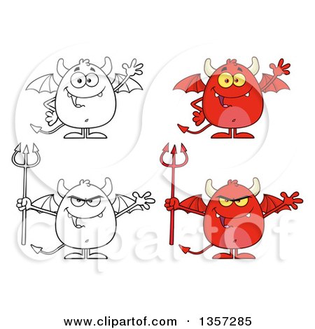 Clipart of Cartoon Red and Lineart Devils - Royalty Free Vector Illustration by Hit Toon