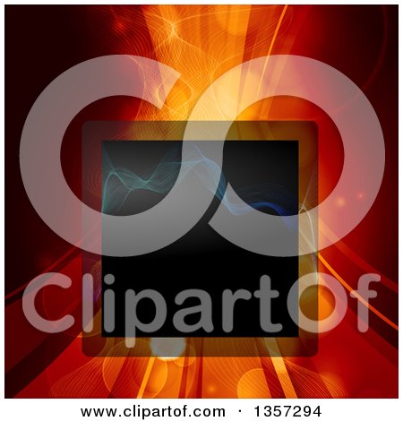 Clipart of a Dark Square with Waves over a Red and Orange Curve and Flare Background - Royalty Free Vector Illustration by elaineitalia