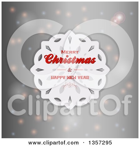 Clipart of a White Paper Snowflake with Merry Christmas and Happy New Year Text over a Gray Background with Flares - Royalty Free Vector Illustration by elaineitalia