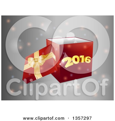 Clipart of a 3d Red Gift Box with a Gold Bow and the Lid Off, with New Year 2016 on the Front, over Gray with Flares - Royalty Free Vector Illustration by elaineitalia
