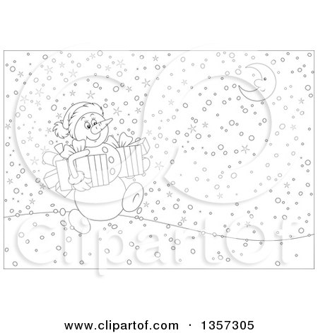 Clipart of a Cartoon Black and White Christmas Snowman Carrying Gifts and Walking on a Snowy Night - Royalty Free Vector Illustration by Alex Bannykh