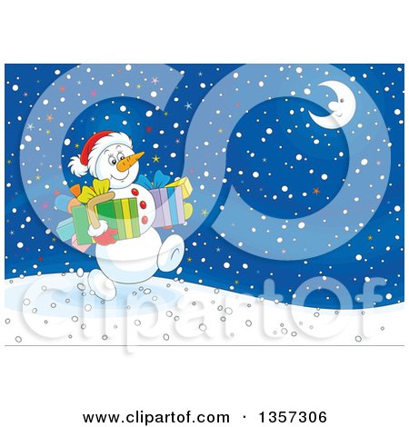 Clipart of a Cartoon Christmas Snowman Carrying Gifts and Walking on a Snowy Night - Royalty Free Vector Illustration by Alex Bannykh
