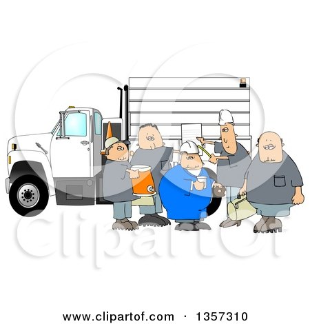 Clipart of a Cartoon Group of Caucasian Male Construction Workers with a Cooler, Donuts, Document and Bag by a Truck - Royalty Free Illustration by djart