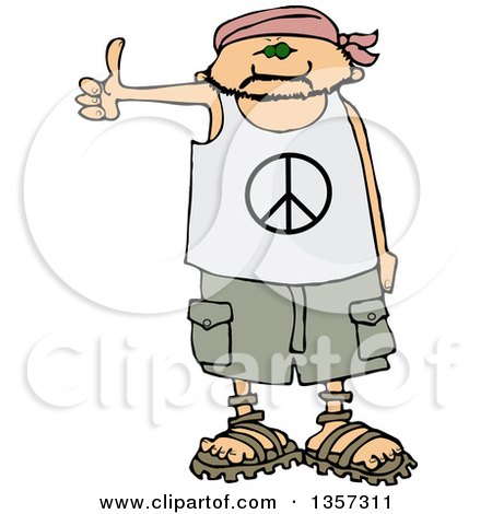 Clipart of a Cartoon Caucasian Male Hitchhiker Wearing a Bandana, Peace Shirt, Shorts and Sandals - Royalty Free Vector Illustration by djart