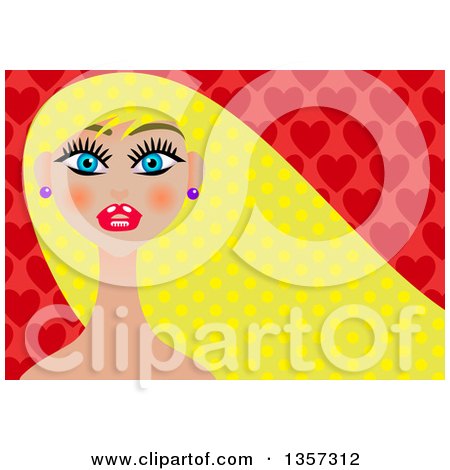 Clipart of a Blue Eyed Woman with Long Blond Polka Dot Hair over Hearts - Royalty Free Illustration by Prawny