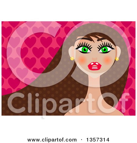 Clipart of a Green Eyed Woman with Long Polka Dot Patterned Brunette Hair over Hearts - Royalty Free Illustration by Prawny