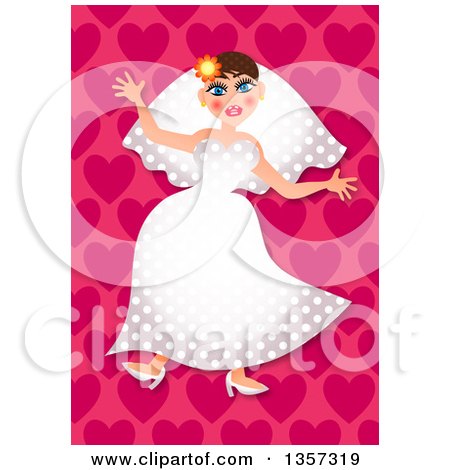 Clipart of a Blushing Brunette Caucasian Brid in a Polka Dot Dress, over a Heart Pattern - Royalty Free Illustration by Prawny