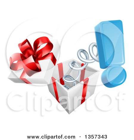 Clipart of a 3d Blue Exclamation Point Popping out of a Gift Box - Royalty Free Vector Illustration by AtStockIllustration